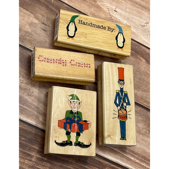LOT OF 4 CANADIAN MAPLE HOLIDAY THEMED WOOD MOUNTED RUBBER STAMPS PENGUIN ELF - Picture 1 of 7